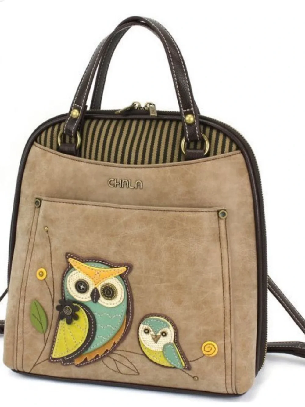 Chala Beige Owl Applique Backpack with Aqua & Yellow Accents